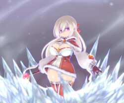 1girl blonde_hair blush bow breasts cape cleavage closed_mouth commentary_request convenient_censoring cowboy_shot cryokinesis dress fur-trimmed_cape fur-trimmed_dress fur_trim garter_straps gloves grey_background hair_bow highres holding holding_staff huge_breasts long_hair looking_at_viewer no_panties official_alternate_costume pink_eyes rafoll ragnarok_online red_bow red_cape red_dress red_gloves red_thighhighs shaded_face short_dress solo staff thighhighs two-sided_cape two-sided_fabric two-tone_dress warlock_(ragnarok_online) white_dress