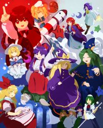 6+girls asakura_rikako beard blonde_hair capelet cat crescent cuffs dress ellen_(touhou) everyone facial_hair genjii_(touhou) glasses gohei green_hair hair_tubes hakurei_reimu handcuffs hat highres japanese_clothes jetpack kaigen_1025 kana_anaberal kirisame_marisa kitashirakawa_chiyuri kotohime_(touhou) long_sleeves looking_at_viewer maid miko mima_(touhou) mimi-chan multiple_girls okazaki_yumemi phantasmagoria_of_dim.dream puffy_short_sleeves puffy_sleeves purple_eyes purple_hair red_hair ruukoto sailor_collar short_sleeves sokrates_(touhou) star_(symbol) touhou touhou_(pc-98) wand wide_sleeves witch_hat yellow_eyes