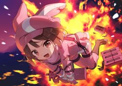 1girl brown_eyes brown_hair explosion explosion_background full_body gun hat holding holding_gun holding_weapon jacket llenn_(sao) masaru.jp medium_hair official_art open_mouth panties pink_hat pink_jacket pink_panties second-party_source solo submachine_gun sword_art_online sword_art_online_alternative:_gun_gale_online underwear weapon