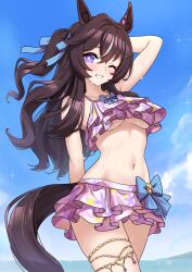 Rule 34 | 1girl, animal ears, arm behind back, arm behind head, arm up, bikini, bikini skirt, black hair, black tail, blue eyes, blue sky, blush, breasts, commentary request, cowboy shot, day, floral print bikini, frilled bikini, frills, highres, horse ears, horse girl, horse tail, kibihimi, large breasts, long hair, looking at viewer, medium breasts, mole, mole under eye, navel, official alternate costume, official alternate hairstyle, one eye closed, outdoors, pink bikini, ruffle bikini, sky, smile, solo, swimsuit, tail, thighs, two side up, umamusume, underboob, vivlos (finest smile - liftoff!) (umamusume), vivlos (umamusume), white streaks