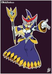 1girl android arm_guards armor armored_dress berkana_(mega_man) blonde_hair blue_dress blue_eyes bracer breastplate breasts chest_jewel cuirass dailyrockman dress floating gem_hat_ornament gloves hair_over_shoulder hat headphones holding holding_staff joints large_breasts long_dress long_hair looking_at_viewer mechanical_arms mega_man_(series) mega_man_x_(series) mega_man_xtreme_2 open_mouth purple_background robot_girl robot_joints shoulder_armor shoulder_spikes sidelocks simple_background smile solo spikes staff underbust white_gloves witch witch_hat
