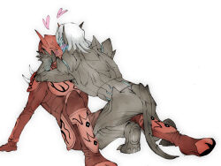 Rule 34 | &gt; &lt;, 2boys, affectionate, armor, black armor, blue eyes, blush, demon, demon boy, demon tail, hands on cheek, heart, kaikaifilu, kamen rider, kamen rider den-o (series), kamen rider revice, male focus, mask, momotaros, monster, monster boy, multiple boys, on ground, pawpads, red armor, tail, vice (kamen rider revice), white hair