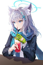 1girl absurdres animal_ear_fluff animal_ears blazer blue_archive blue_eyes blue_jacket blue_scarf cup drinking_straw drinking_straw_in_mouth gloves halo highres holding holding_cup jacket long_hair long_sleeves minj_kim scarf school_uniform shiroko_(blue_archive) shirt single_glove solo upper_body white_background white_hair white_shirt wolf_ears