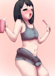 blush bulge crop_top cup erection erection_under_clothes futanari huge_penis mug penis ricomarciano_ft shorts toothbrush