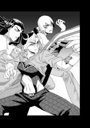 3girls arm_tattoo braid braided_ponytail breasts coat commentary_request double_bun dreadlocks ermes_costello facial_tattoo fighting_stance foo_fighters_(jojo) greyscale hair_bun highres jeonjin_(mynamebazin) jojo_no_kimyou_na_bouken kicking korean_commentary kuujou_jolyne medium_breasts medium_hair midriff monochrome multicolored_hair multiple_girls navel short_hair sleeveless sleeveless_turtleneck smile stone_ocean tattoo turtleneck two-tone_hair