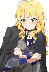 1girl absurdres ahoge black_jacket blonde_hair blush closed_mouth green_eyes highres hoshii_miki idolmaster idolmaster_(classic) jacket jacket_on_shoulders jewelry katsu_(kana) knees_up long_hair long_sleeves necklace simple_background sitting solo white_background
