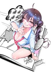 Rule 34 | 1girl, ;d, ahoge, breasts, brown eyes, brown hair, cleavage, clothes around waist, collared shirt, commentary request, double bun, finger heart, from above, green skirt, grin, hair between eyes, hair bun, hair ornament, hairclip, highres, jacket, jacket around waist, kabaya yumiko, kakunaru ue wa, large breasts, looking at viewer, miyamoto niina, necktie, one eye closed, open mouth, pink jacket, pink necktie, school uniform, shirt, signature, skirt, smile, solo, star (symbol), star hair ornament, twintails, white background, white shirt
