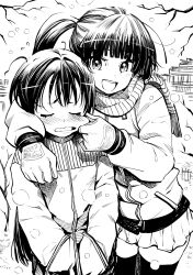 2girls arm_around_shoulder bare_tree blunt_bangs blush cheek_pinching closed_eyes eudetenis gloves hands_in_pockets highres jacket long_hair long_sleeves looking_at_viewer multiple_girls open_mouth original outdoors pinching ponytail scarf skirt smile snowing striped_clothes striped_scarf teeth thighhighs tree twitter_username upper_body upper_teeth_only vertical-striped_clothes vertical-striped_scarf wavy_mouth zettai_ryouiki
