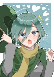 1girl aqua_background aqua_hair blush brown_scarf chacha_kamimaru cloak cowlick green_cloak green_eyes grey_jacket hat heart highres holding holding_unworn_clothes holding_unworn_hat jacket kimi_no_koto_ga_dai_dai_dai_dai_daisuki_na_100-nin_no_kanojo nakaji_uto ohananomitsu_middle_school_uniform outline scarf school_uniform short_hair surprised sweatdrop unworn_hat unworn_headwear white_outline wide-eyed