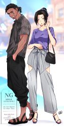 Rule 34 | 1boy, 1girl, bag, black hair, black pants, blurry, blurry background, clothing cutout, earrings, full body, grey pants, handbag, jewelry, meitantei conan, pants, puffy short sleeves, puffy sleeves, purple eyes, purple shirt, sandals, scar, scar on face, shirt, short sleeves, smile, uehara yui, yamato kansuke, yukt