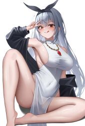 1girl :q absurdres arm_up armpits bare_shoulders barefoot black_jacket breasts closed_mouth commentary_request commission covered_navel dress hair_ribbon highres impossible_clothes impossible_dress jacket jewelry knee_up korean_commentary large_breasts long_hair looking_at_viewer necklace no_panties off_shoulder original red_eyes ribbon ryus_(ordinaryuzu) see-through_cleavage see-through_clothes sideboob simple_background sitting sleeveless sleeveless_dress smile solo thighs tongue tongue_out unico_(arca_live) v very_long_hair white_background white_dress white_hair
