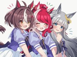 Rule 34 | 3girls, absurdres, ahoge, animal ears, blush, breasts, chrono genesis (umamusume), closed eyes, collarbone, commentary request, gran alegria (umamusume), grey hair, hair between eyes, hair ornament, highres, horse girl, hug, hug from behind, long hair, looking at viewer, loves only you (umamusume), mare ma, multiple girls, open mouth, portrait, school uniform, simple background, tracen school uniform, umamusume, white background, x hair ornament