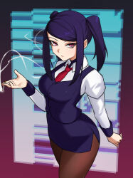 Rule 34 | 1girl, breasts, brown pantyhose, cigarette, highres, holding, holding cigarette, jill stingray, long hair, long sleeves, looking at viewer, medium breasts, pantyhose, pencil skirt, pink eyes, puffy sleeves, purple hair, purple skirt, purple vest, sidelocks, skirt, smoke, solo, spottylen, swept bangs, twintails, va-11 hall-a, vest, wrist cuffs