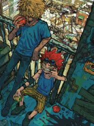 2boys against_railing aged_down amemasu79 apple balcony baseball_bat blonde_hair box building cardboard_box child clenched_teeth dutch_angle eating eustass_kid food from_above fruit goggles goggles_on_head hair_over_eyes highres killer_(one_piece) male_focus multiple_boys one_piece railing red_hair road singlet sitting spiked_hair street teeth