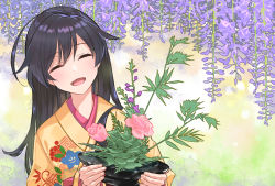1girl ahoge black_eyes black_hair closed_eyes commentary_request facing_viewer floral_print flower flower_pot girls_und_panzer head_tilt highres holding holding_flower_pot holding_pot inou_takashi isuzu_hana japanese_clothes kimono long_hair open_mouth pink_flower pot print_kimono smile solo wisteria yellow_kimono