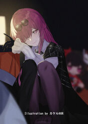 1girl artist_name black_gloves black_jacket blurry blurry_background closed_mouth commentary_request eyewear_on_head glasses gloves hair_over_one_eye head_tilt highres honkai:_star_rail honkai_(series) jacket kafka_(honkai:_star_rail) long_hair looking_at_viewer no_shoes pantyhose pince-nez purple_eyes purple_hair purple_pantyhose revision round_eyewear shirt sitting solo sparkle_(doll)_(honkai:_star_rail) spider_web_print srpzk sunglasses toes white_shirt