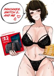 1girl black_bra black_hair black_panties blush bra breasts brown_eyes brown_hair cleavage collarbone food highres holding kawakami_sadayo large_breasts lingerie looking_at_viewer mature_female navel nero_watch nintendo_switch_2 pancake pancake_stack panties persona persona_5 plate short_hair smile solo stomach sweat sweatdrop underwear