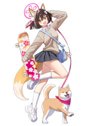 1girl absurdres alfie_(tmdals7645) alternate_costume animal_ear_fluff animal_ears bag black_skirt blue_archive breasts brown_hair dog fox_ears fox_girl fox_tail hair_ornament halo highres izuna_(blue_archive) open_mouth pink_halo pleated_skirt shiba_inu shirt shoes simple_background skateboard skirt socks tail white_background white_shirt white_shoes white_socks yellow_eyes