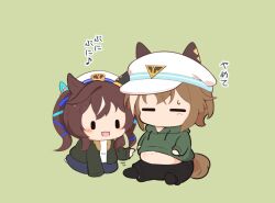 2girls :3 :d animal_ears black_pants black_shoes blue_pants blush brown_hair cheval_grand_(umamusume) chibi chibi_only closed_eyes commentary_request ears_through_headwear full_body gomashio_(goma_feet) green_background green_hoodie green_jacket hat hood hood_down hoodie horse_ears horse_girl horse_tail jacket long_sleeves multicolored_hair multiple_girls no_mouth open_clothes open_jacket open_mouth pants shoes short_hair simple_background sitting smile streaked_hair tail twintails umamusume verxina_(umamusume) white_hair white_hat |_|