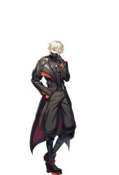 1boy black_boots black_coat black_pants black_shirt boots closers coat covered_abs covered_pectorals full_body hand_on_own_hip highres looking_at_viewer male_focus mask mouth_mask official_art open_clothes open_coat pants pectorals red_eyes shirt short_hair simple_background solo standing white_background white_hair wolfgang_schneider