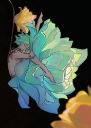 1other absurdres androgynous barefoot black_background blurry branch closed_eyes depth_of_field eyelashes eyeshadow floating_hair flower flower_clothes flower_skirt from_side full_body green_flower green_hair highres houseki_no_kuni knee_up leg_up light_smile makeup musheng656 other_focus phosphophyllite plant plantar_flexion self_hug short_hair simple_background solo topless_other yellow_flower