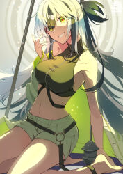 1girl age_nasuo bare_shoulders belt black_hair breasts crop_top cropped_shirt fate/grand_order fate_(series) green_eyes green_jacket hair_between_eyes highres jacket large_breasts long_hair looking_at_viewer midriff multicolored_hair multicolored_jacket nagao_kagetora_(fate) navel o-ring o-ring_belt open_clothes shirt shorts sleeveless smile solo two-tone_hair two-tone_jacket uesugi_kenshin_(fate) uesugi_kenshin_(second_ascension)_(fate) white_hair white_jacket white_shorts