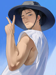 1boy arm_up black_hair black_hat blue_sky closed_mouth grey_eyes hat highres looking_at_viewer low-cut_armhole male_focus one_eye_closed original shirt short_hair sideburns single_bare_shoulder sky sleeveless sleeveless_shirt solo upper_body v white_shirt wide_brim zco111