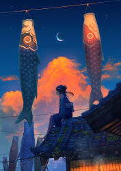 1girl black_hair blue_dress blue_sky building cloud commentary_request crescent_moon cumulonimbus_cloud double_bun dress evening gradient_sky hair_bun highres koinobori long_hair moon on_roof original rooftop scenery shuu_illust sitting sitting_on_roof sky star_(sky) sunset windsock
