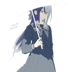 Rule 34 | 1girl, aoyagi touya, black shirt, black skirt, blue hair, chinese text, closed mouth, collared shirt, cowboy shot, expressionless, genderswap, genderswap (mtf), grey neckerchief, grey ribbon, hair between eyes, highres, long hair, neckerchief, pleated skirt, project sekai, school uniform, shirt, short hair, simple background, skirt, soichi (soichicey), solo, translation request, white background