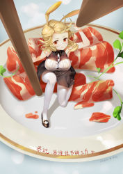 1girl 2016 animal_ears arm_support artist_name black_bow black_bowtie black_shoes black_skirt blocking blocking_way blonde_hair bow bowtie breasts chopsticks closed_mouth dated female_focus food from_above frown full_body in_food large_breasts luzia mary_janes meat mini_person minigirl on_one_knee orange_eyes original plate rabbit_ears shirt shoes sitting skirt sleeveless sleeveless_shirt solo thighhighs white_thighhighs