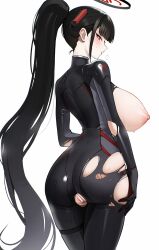 1girl absurdres ass ateoyh bar_censor black_hair black_halo blue_archive blush bodysuit breasts breasts_out bright_pupils censored commentary_request cowboy_shot crotch_cutout curvy from_behind halo highres huge_breasts long_hair looking_at_viewer nipples official_alternate_costume official_alternate_hairstyle ponytail pussy red_eyes rio_(blue_archive) rio_(bodysuit)_(blue_archive) sideways_glance simple_background skindentation solo sweat thigh_strap torn_bodysuit torn_clothes turtleneck turtleneck_bodysuit very_long_hair white_background white_pupils