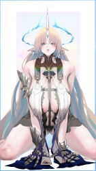 1girl absurdres arenbee bare_shoulders black_collar black_dress blonde_hair blue_eyes breasts clawed_gauntlets collar crown_of_thorns curvy dress fleurdelys_(wuthering_waves) floating_crown gluteal_fold highres horns huge_breasts long_hair looking_at_viewer parted_lips pointy_ears single_horn sitting solo tabard tacet_mark_(wuthering_waves) thighs very_long_hair wariza white_tabard wuthering_waves yellow_horns