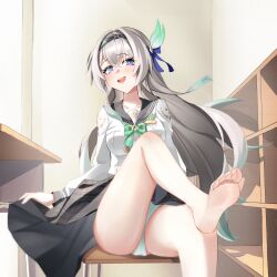 1girl absurdres barefoot black_bow black_hairband blue_eyes blush bow bowtie breasts chen_kang collarbone commentary feet firefly_(honkai:_star_rail) firefly_(spring_missive)_(honkai:_star_rail) foot_out_of_frame gradient_hair green_bow green_bowtie green_hair green_panties grey_hair grey_sailor_collar grey_skirt hair_between_eyes hair_bow hairband highres honkai:_star_rail honkai_(series) indoors large_breasts long_hair long_sleeves looking_at_viewer multicolored_eyes multicolored_hair official_alternate_costume open_mouth panties purple_eyes sailor_collar school_uniform serafuku shirt skirt smile soles solo teeth thighs toes two-tone_eyes underwear upper_teeth_only variant_set very_long_hair white_shirt
