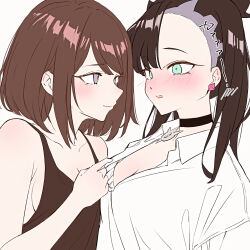 2girls asymmetrical_bangs black_choker black_hair black_tank_top blush breasts brown_hair choker cleavage collared_shirt earrings gloria_(pokemon) green_eyes grey_eyes highres jewelry looking_at_another marie_(pixiv59672544) marnie_(pokemon) medium_breasts multiple_girls nintendo pokemon pokemon_swsh shirt short_hair simple_background tank_top twintails undercut upper_body white_background white_shirt yuri