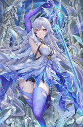 1girl absurdres arm_up armpits breasts dress floating_hair genshin_impact highres holding holding_sword holding_weapon long_hair looking_at_viewer parted_lips presenting_armpit prosthesis prosthetic_arm prosthetic_leg red_eyes skirk_(genshin_impact) solo standing standing_on_one_leg sword torino_aqua very_long_hair weapon white_dress