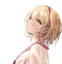 1girl blonde_hair breasts brown_eyes closed_mouth commentary_request djeeta_(granblue_fantasy) expressionless fighter_(granblue_fantasy) from_side granblue_fantasy hair_between_eyes hairband highres looking_at_viewer looking_up medium_breasts mocchi_(user_53239645) pink_hairband portrait short_hair simple_background solo wet wet_clothes wet_hair white_background