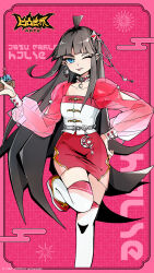 Rule 34 | 1girl, ahoge, alternate costume, aotu world, belt, black hair, blue eyes, blunt bangs, box, bracelet, breasts, bug, china dress, chinese clothes, collarbone, copyright name, crescent, crescent necklace, crescent ornament, dress, earrings, fireworks, hair ornament, hand on own hip, highres, holding, holding box, jewelry, kaili (aotu world), leg up, long hair, long sleeves, looking at viewer, multicolored skirt, necklace, official art, one eye closed, pink background, pointy ears, puffy sleeves, qi chuang she, red dress, red shoes, red skirt, red sleeves, see-through clothes, see-through sleeves, shoes, sidelocks, single earring, skirt, smile, solo, spider, spider earrings, standing, standing on one leg, star (symbol), star hair ornament, thighhighs, third-party source, tongue, tongue out, very long hair, white thighhighs, zettai ryouiki