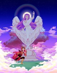 1boy 1girl angel_wings breasts colored_skin cookie_run cookie_run:_kingdom demon_girl demon_wings dress eternal_sugar_cookie highres holding holding_shield hollyberry_cookie kabooshkitm long_hair medium_breasts pink_hair pink_skin shield very_long_hair white_dress wings