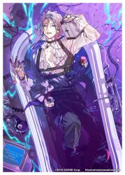 1boy bathtub black_choker black_pants cable chest_belt choker cleavage_cutout clothing_cutout colored_extremities crt electricity frilled_shirt frills gavis_bettel gavis_bettel_(2nd_costume) grey_hair grey_nails heterochromia highres holostars holostars_english in_bathtub in_water long_sleeves looking_at_viewer lying medium_hair official_art on_back open_mouth pants senzaki_makoto shirt solo teeth tile_floor tiles toaster upper_teeth_only water