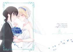 2girls absurdres bare_arms black_jacket black_suit black_vs_white blonde_hair blue_flower blue_rose bouquet bridal_veil brown_hair closed_eyes closed_mouth commentary_request dress falling_petals female_focus flower formal_clothes hair_bun head_wreath highres holding holding_bouquet holding_hands jacket jewelry multiple_girls nekoyashiki_mayu nekoyashiki_yuki petals precure ring rita_(myyk_rrnyam) rose see-through_clothes see-through_veil side_ponytail simple_background smile strapless strapless_dress suit veil wedding_dress wedding_ring white_background white_dress wife_and_wife wonderful_precure! yuri