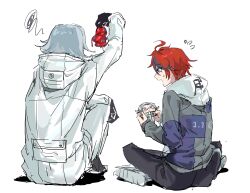 2boys ahoge aotsuki_eito arm_up black_gloves black_pants black_streaks blue_eyes blue_jacket character_doll chinese_commentary crossed_legs doll drawstring flying_sweatdrops gloves grey_hair grey_jacket highres holding holding_stuffed_toy hood hoodie jacket jacket_over_hoodie knees_up looking_at_another male_focus multicolored_hair multicolored_jacket multiple_boys pants red_hair shoes short_hair simple_background sitting squiggle streaked_hair stuffed_toy sumino_takumi sweatdrop the_hundred_line_-last_defense_academy- two-tone_jacket white_hoodie white_jacket white_pants white_shoes wonengzenmebanwoyehenjuewanga361