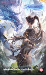 Rule 34 | 1boy, architecture, artist request, black hanfu, blue sky, bracer, brown eyes, brown hair, character name, chinese clothes, cliff, closed mouth, copyright name, day, east asian architecture, emperor siming, english text, expressionless, floating hair, fog, from behind, full body, game cg, hand on hilt, hanfu, high ponytail, highres, leaf, light particles, logo, long hair, long sleeves, looking at creature, male focus, mandarin collar, nikki (series), official art, outdoors, pointy nose, ponytail, scabbard, sheath, sheathed, shining nikki, sky, solo, standing, sword, sword on back, tassel, very long hair, weapon, weapon on back, wind