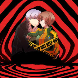 1boy 1girl atlus az0212 bad_id bad_pixiv_id brown_eyes brown_hair caution_tape couple grey_eyes grey_hair hetero keep_out narukami_yu persona persona_4 satonaka_chie school_uniform