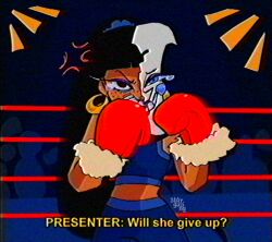 1girl blush blush_stickers boxing_gloves boxing_ring boxing_shorts broken_mask calypso_(stargazing.png) crying dark-skinned_female dark_skin english_text fighting fighting_stance flat_chest freckles highres long_hair mask original pizza_tower shorts stargazing.png