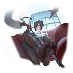 1girl absurdres arknights black_dress black_hair black_pantyhose chair chinese_commentary closed_mouth collar commentary_request crossed_legs dong_tsugumi double-parted_bangs dress entelechia_(arknights) feet foot_focus from_below gloves hair_between_eyes hair_horns highres holding holding_scythe juliet_sleeves long_sleeves looking_at_viewer no_shoes on_chair pale_skin pantyhose pointy_ears puffy_sleeves red_eyes red_gloves scythe short_hair sitting sleeve_cuffs soles solo vampire white_collar window