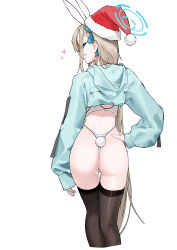 Rule 34 | 1girl, absurdres, alternate costume, animal ears, arm at side, ass, asuna (blue archive), black thighhighs, blue archive, blue eyes, commentary, cropped hoodie, fake animal ears, fake tail, from behind, grin, hair over one eye, hair over shoulder, hair ribbon, halo, hand on own hip, hat, heart, highres, hood, hood down, hoodie, light brown hair, long hair, long sleeves, looking at viewer, looking back, mark jin, one-piece swimsuit, rabbit ears, rabbit tail, ribbon, santa hat, simple background, sleeves past wrists, smile, solo, swimsuit, swimsuit under clothes, tail, thighhighs, very long hair, white background