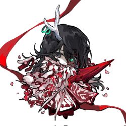 1boy antlers aqua_eyes black_eyes black_hair chinese_clothes cloak eastern_dragon_horns erzheawa falling_petals hanbok heterochromia highres hong_lu_(project_moon) horn_ornament horn_ring horns impaled korean_clothes limbus_company long_hair looking_at_viewer male_focus petals pink_petals polearm project_moon single_antler single_horn solo spear tears_of_the_tarnished_blood_(e.g.o) two-tone_robe weapon white_cloak white_hanbok