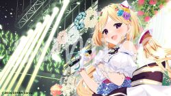 1girl :d aki_rosenthal bare_shoulders black_ribbon blonde_hair blue_flower blush borumete collared_dress commentary_request concert detached_hair dress earrings flower gloves glowstick hair_flower hair_ornament hands_up highres holding holding_microphone hololive jewelry microphone neck_ribbon official_art open_mouth purple_eyes purple_flower red_flower ribbon sample_watermark short_hair smile solo stage stage_lights upper_body virtual_youtuber watermark white_dress white_flower white_gloves yellow_flower