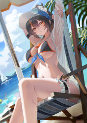 1girl absurdres beach beach_chair bikini black_bikini black_hair blue_jacket blue_sky breasts cleavage commentary_request day edible_sus frilled_thigh_strap highres jacket large_breasts looking_at_viewer medium_hair multicolored_hair navel ocean orange_eyes orange_hair outdoors ponytail sitting sky solo stomach streaked_hair swimsuit thigh_strap two-tone_hair zenless_zone_zero zhu_yuan