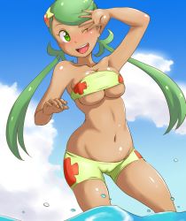 1girl ;d arm_up bandeau bare_shoulders bikini blue_sky blush breasts cameltoe cleavage cloud covered_erect_nipples creatures_(company) dark-skinned_female dark_skin day female_focus floral_print game_freak gen_1_pokemon green_eyes green_hair hair_ornament happy hip_focus mallow_(pokemon) navel nintendo ocean official_alternate_costume one_eye_closed open_mouth partially_submerged pokemon pokemon_(anime) pokemon_(creature) pokemon_sm pokemon_sm012 pokemon_sm_(anime) sky smile solo staryu stomach strapless swimsuit tof trial_captain tube_top twintails underboob wading water